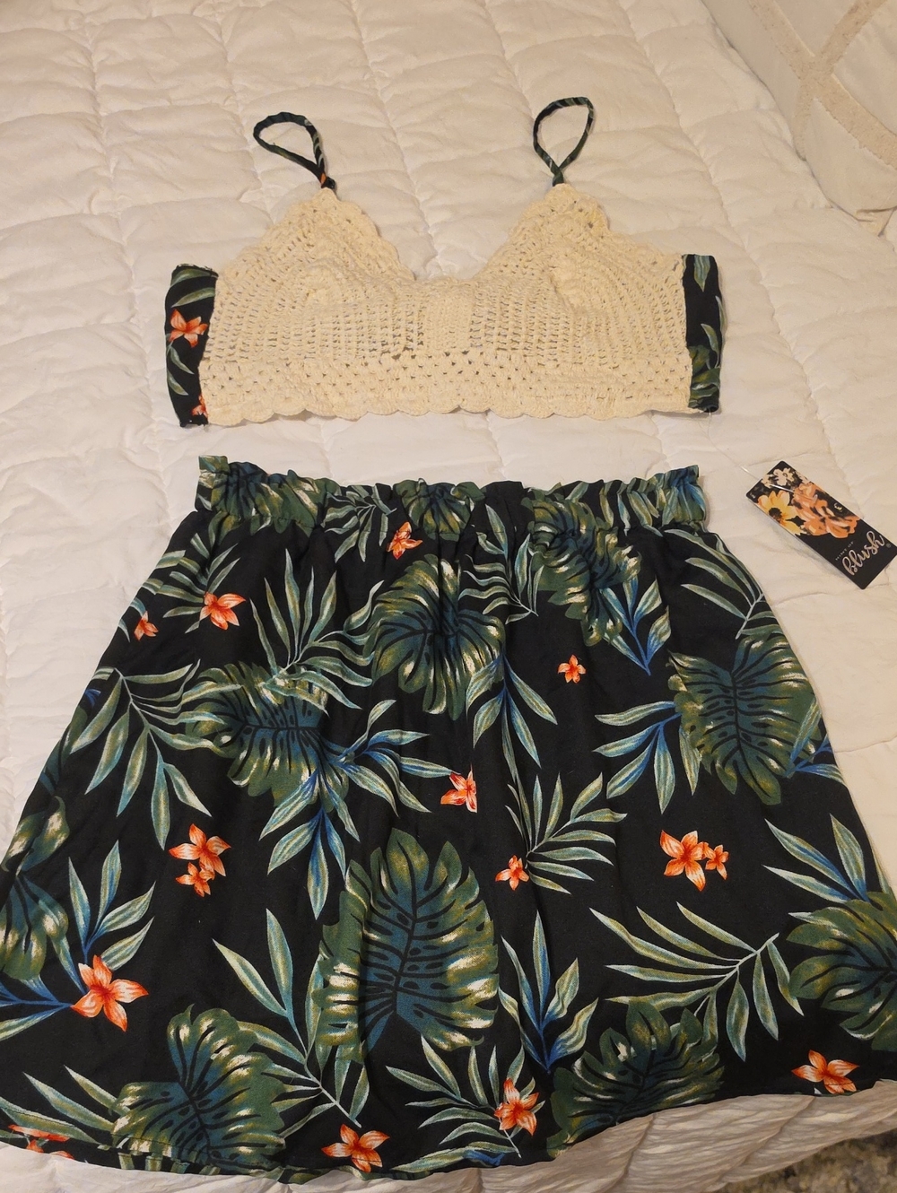 Blush Crochet Brami WithTropical Print Skirt Set